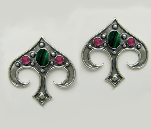 Sterling Silver Gothic Inspired Drop Dangle Earrings With Malachite And Pink Tourmaline